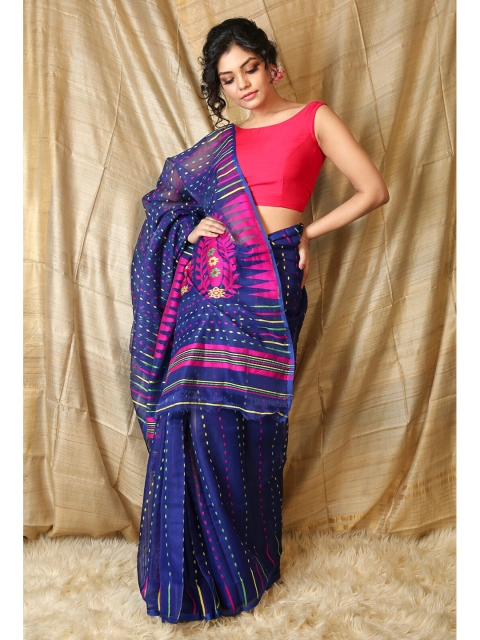 

Charukriti Blue & Multicoloured Woven Design Silk Cotton Jamdani Saree