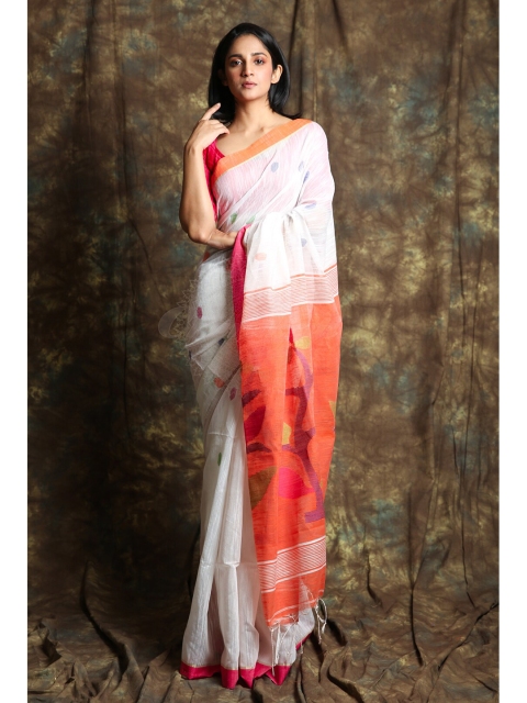

Charukriti White & Orange Floral Saree
