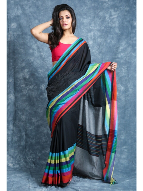 

Charukriti Black & Multicoloured Solid Broad Border Handloom Saree