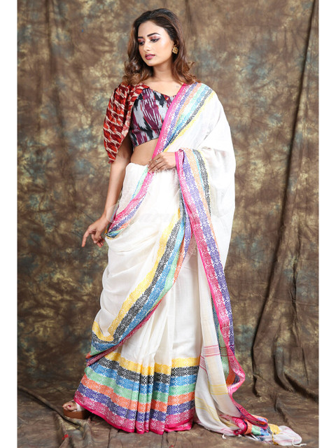 

Charukriti White & Pink Ethnic Motifs Pure Cotton Saree