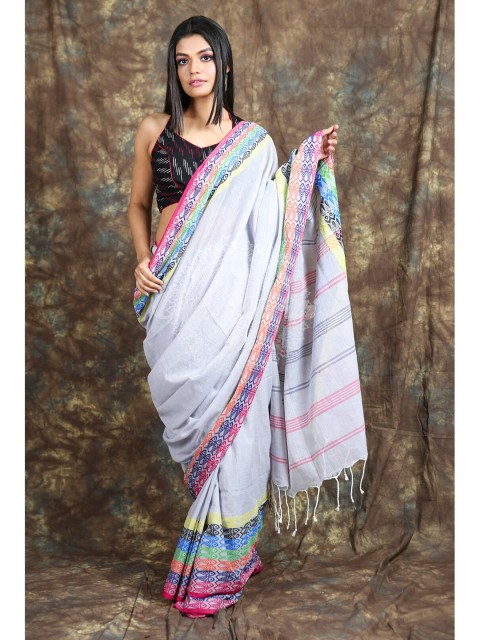 

Charukriti Grey & Pink Woven Design Pure Cotton Saree