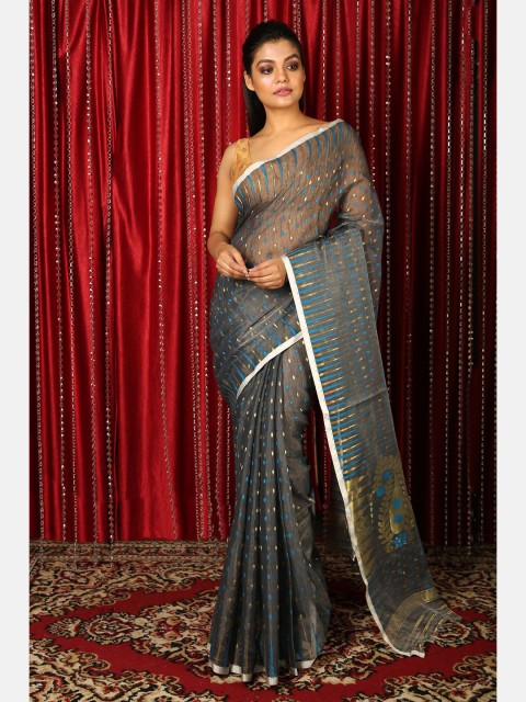 

Charukriti Grey & Blue Zari Silk Cotton Jamdani Saree
