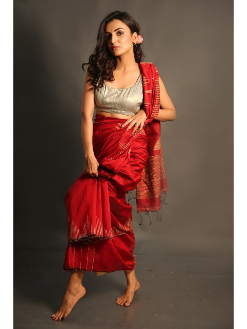 

Charukriti Red & Beige Woven Design Saree