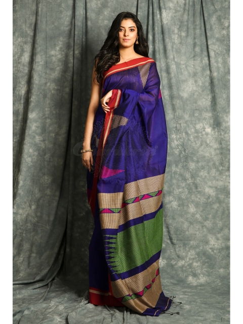 

Charukriti Navy Blue & Green Woven Design Zari Handloom Saree