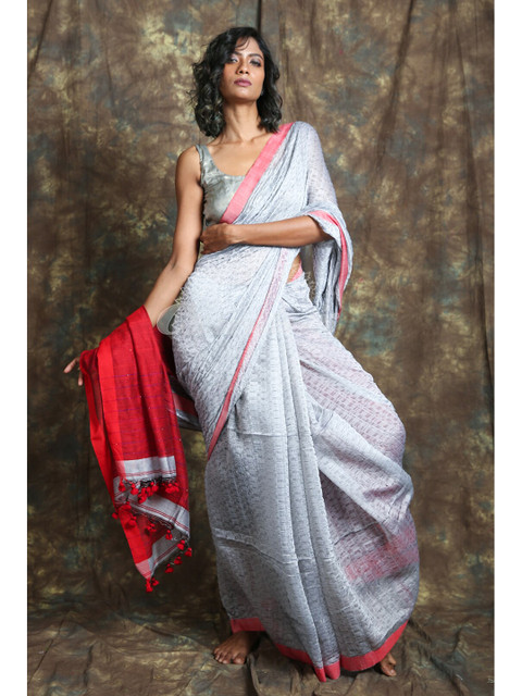 

Charukriti Grey & Red Woven Design Saree