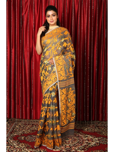 

Charukriti Grey & Yellow Floral Zari Silk Cotton Jamdani Saree