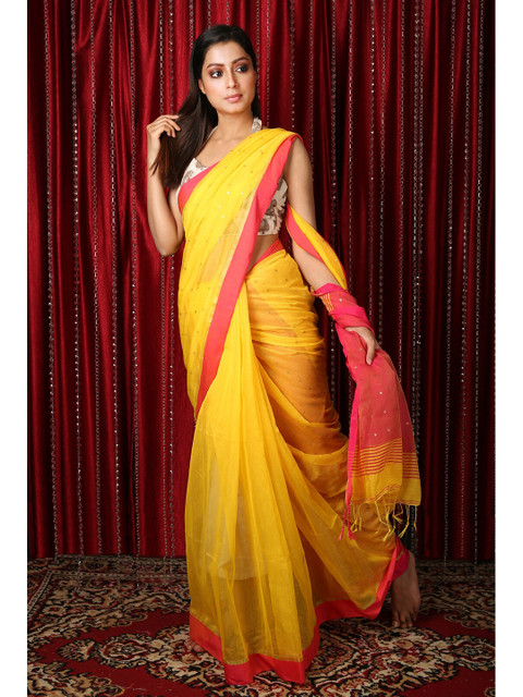 

Charukriti Yellow & Pink Woven Design Silk Blend Saree