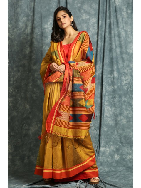 

Charukriti Mustard & Red Solid Saree