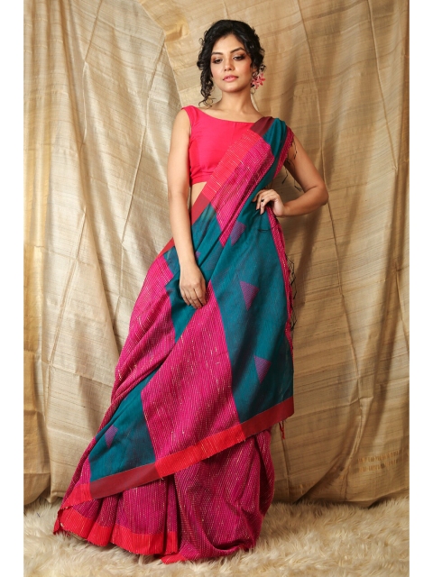 

Charukriti Pink & Teal Geometric Woven Saree