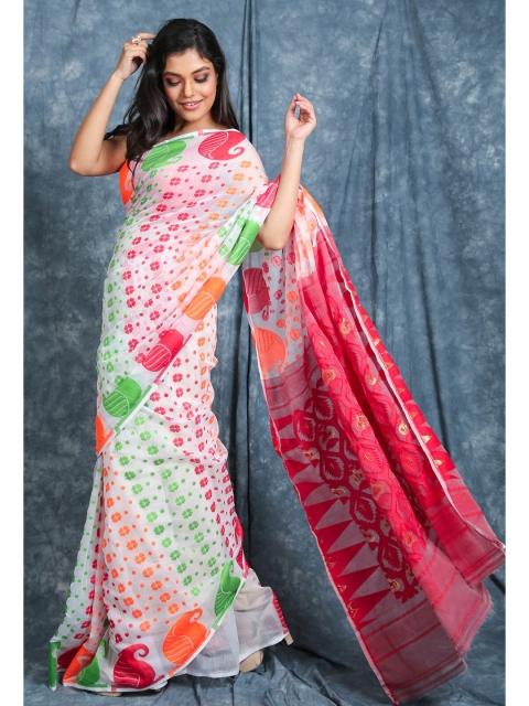 

Charukriti White & Red Woven Design Silk Cotton Jamdani Saree