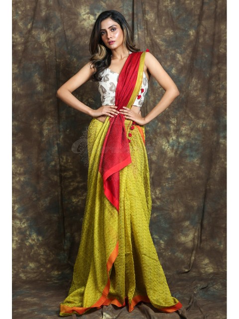 

Charukriti Green & Red Woven Design Saree
