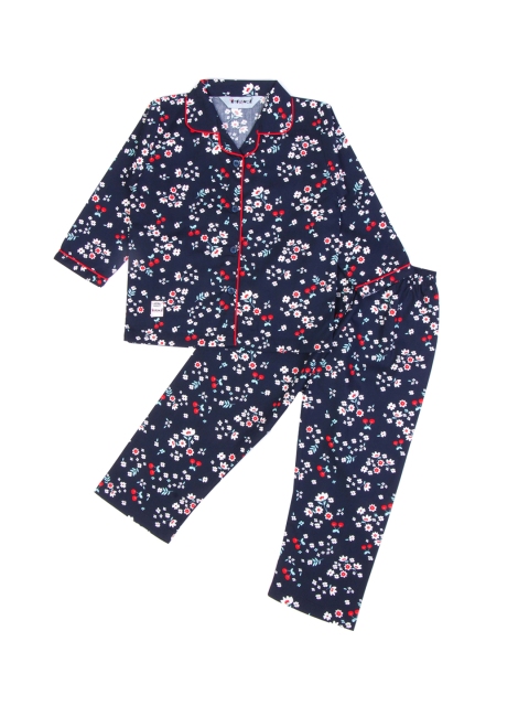 

Enfance Unisex Kids Navy Blue Abstract Printed Pure Cotton Night Suit