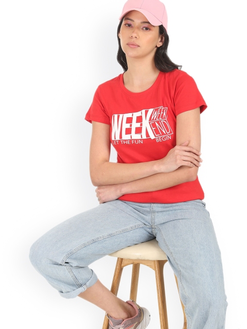 

Sugr Women Red Typography Printed Pockets T-shirt