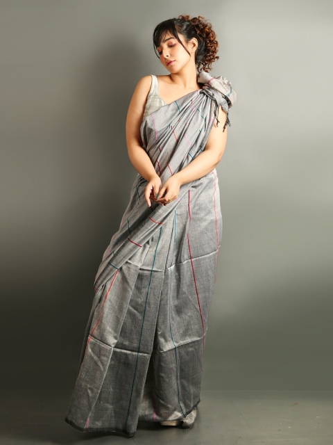 

Charukriti Grey & Orange Striped Pure Cotton Saree