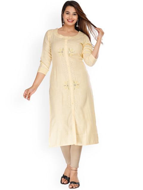 

KALINI Women Yellow & Gold-Toned Embellished Zardozi Cotton Kurta
