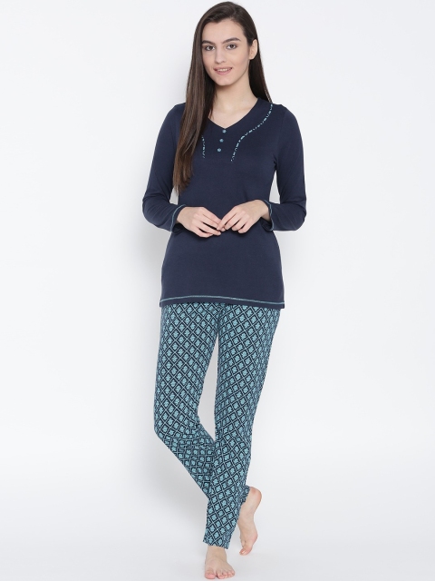 

Kanvin Women Navy Blue & Green Cotton Night suit