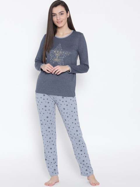 

Kanvin Women Grey & Blue Printed Cotton Night suit