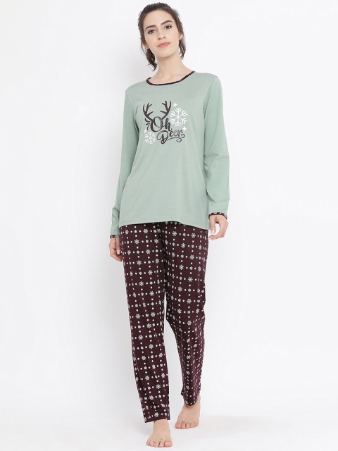 

Kanvin Women Green & Coffee Brown Striped Pure Cotton Night suit