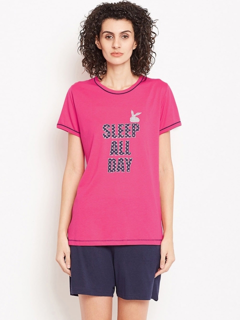

Kanvin Women Pink & Navy Blue Printed Pure Cotton Night suit