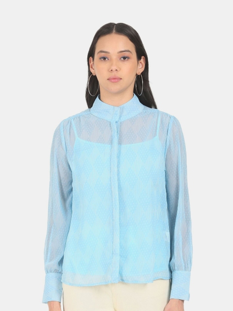 

Cherokee Blue Geometric Printed Sheer Shirt Style Top