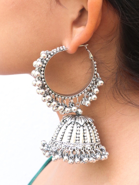 

Ayesha Silver-Toned Oversized Handcrafted Ethnic Ghungroo Jhumki Hoop Earrings
