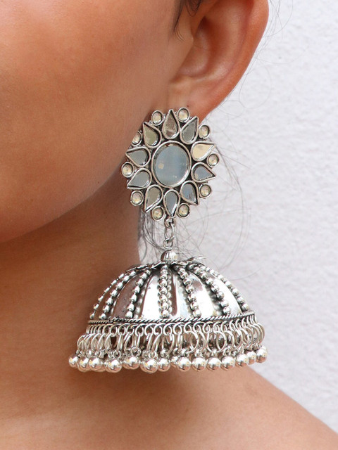 

Ayesha Silver-Toned Contemporary Oversized Jhumkas Earrings