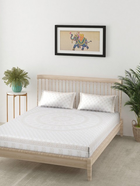 

EK Off White & Beige Floral 120 TC King Bedsheet with 2 Pillow Covers