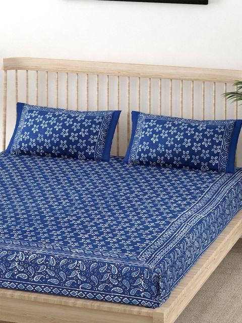 

EK BY EKTA KAPOOR Navy Blue Floral Handcrafted King Bedsheet with 2 Pillow Covers