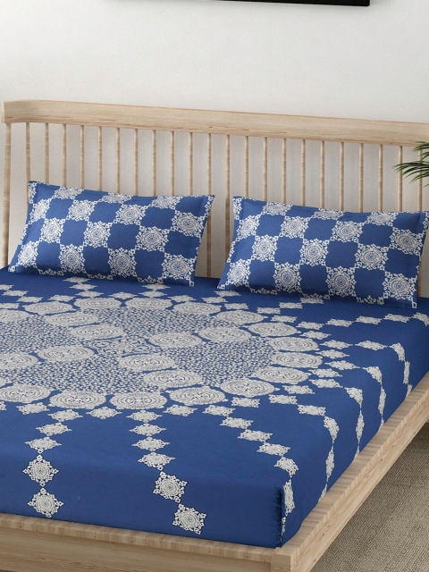 

EK Blue & White Ethnic Motifs 144 TC King Bedsheet with 2 Pillow Covers