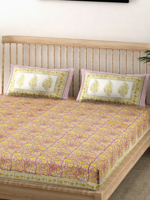 

EK BY EKTA KAPOOR Yellow & Pink Floral 120 TC King Bedsheet with 2 Pillow Covers