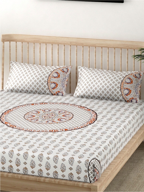 

EK Off White & Orange Floral 144 TC King Bedsheet with 2 Pillow Covers