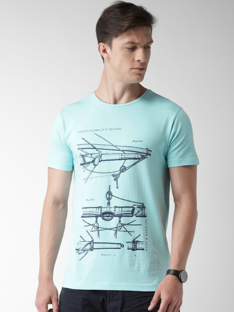 

Mast & Harbour Blue Printed Round Neck T-shirt