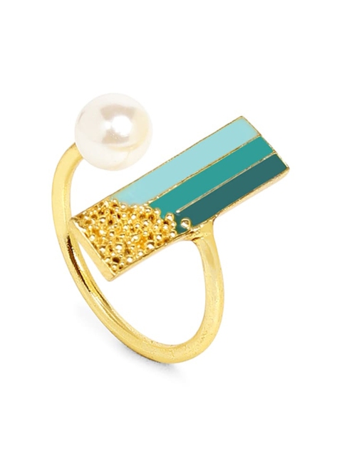 

Mikoto by FableStreet Gold-Plated & Teal Pearl Enamelled Finger Ring