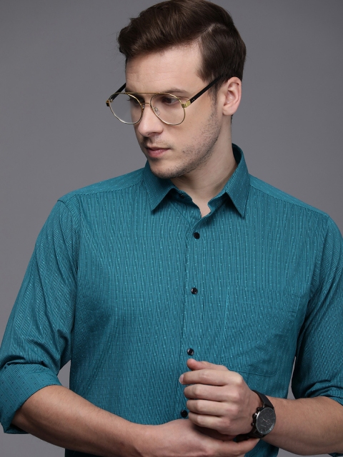 

Raymond Men Teal Blue Slim Fit Checked And Printed Pure Cotton Formal Shirt