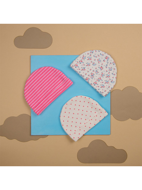 

KICKS & CRAWL Set Of 3 Unisex Kids Pink & White Printed Beanie