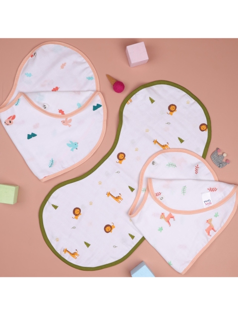 

KICKS & CRAWL Kids Multi Pack Of 3 Printed Reversible Organic Burp Cloth Bibs, White