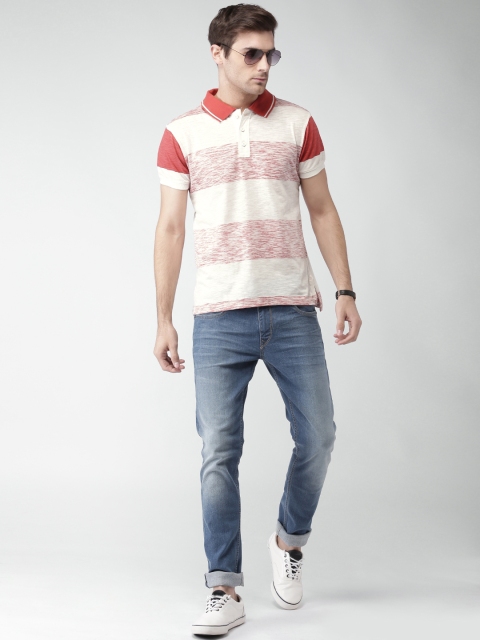 

Mast & Harbour Men White & Rust Orange Striped Polo Collar T-shirt