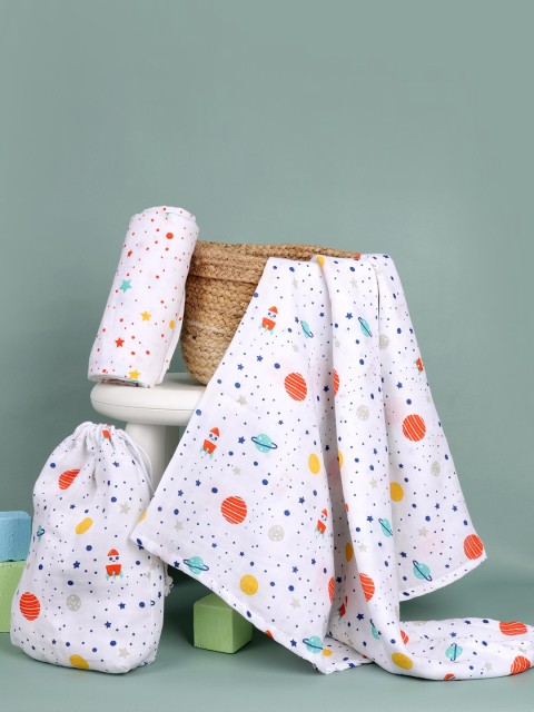 

KICKS & CRAWL Kids Pack Of 2 White & Yellow Printed Space Explorer Swaddle