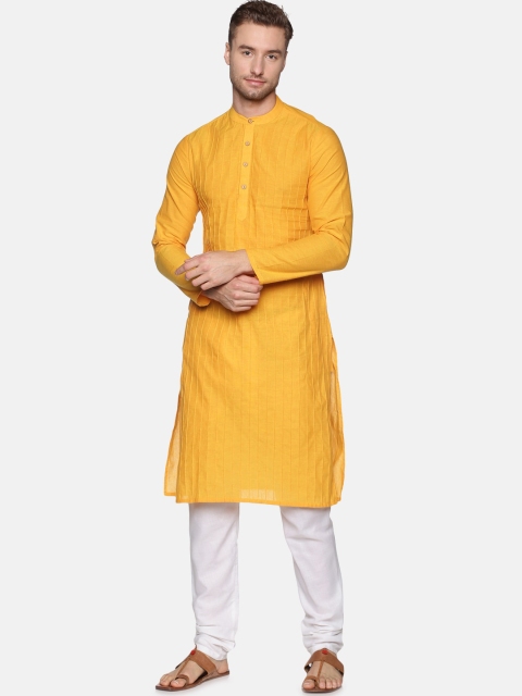 

Saffron Threads Men Mustard Yellow Cotton Pintuck Detail Kurta