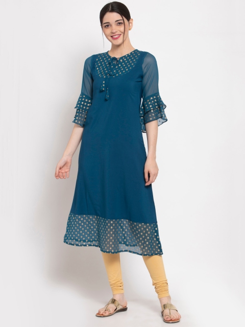 

ALC Creations Women Blue Ethnic Motifs Yoke Design Flared Sleeves Kurta