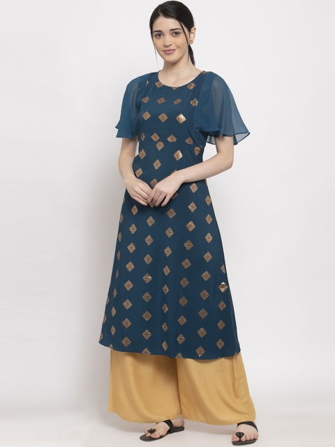 

ALC Creations Women Teal Floral Printed Flared Sleeves Kurta