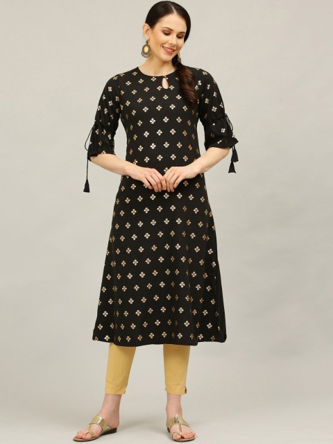 

ALC Creations Women Black Printed Keyhole Neck Flared Sleeves Floral Kurta