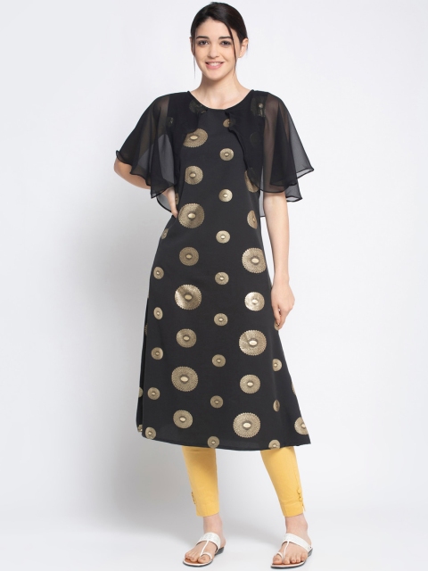 

ALC Creations Women Black & Gold-Toned Geometric Printed Flared Sleeves Kurta