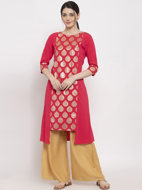 

ALC Creations Women Peach-Coloured Geometric Printed Keyhole Neck Block Print Kurta