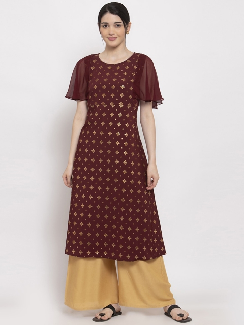 

ALC Creations Women Maroon Ethnic Motifs Printed Flared Sleeves Kurta