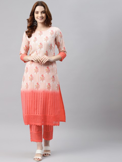 

RAJGRANTH Women Cream-Coloured Floral Printed Pure Cotton Kurta with Trousers