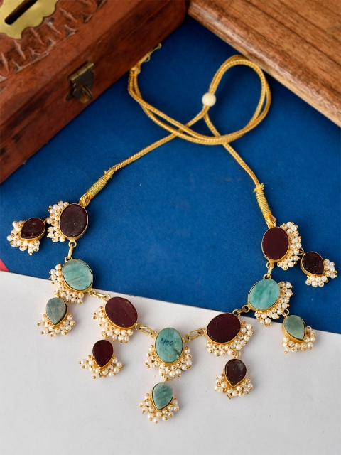 

Silvermerc Designs Women Red & Blue Gold-Toned Stone Studded Necklace