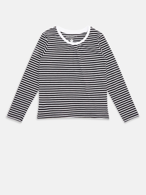 

Pantaloons Junior Girls Black & White Striped Pure Cotton Regular Fit T-shirt