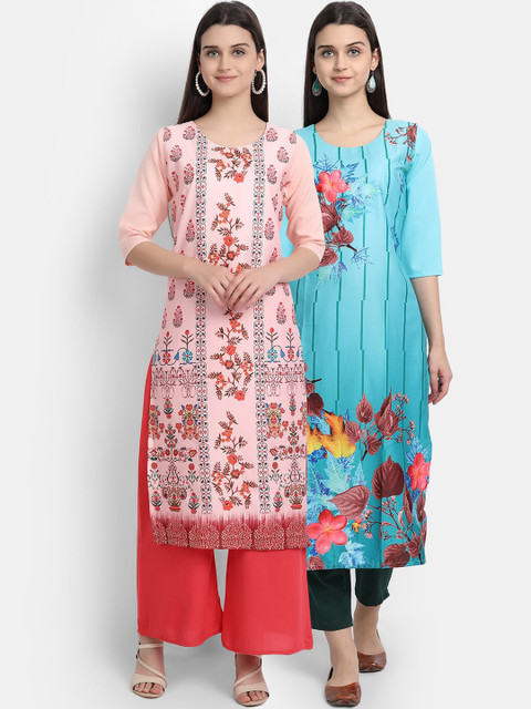 

KALINI Women Pack Of 2 Peach & Blue Floral Printed Kurta
