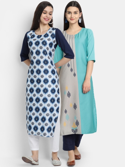 

KALINI Women Set of 2 Geometric Printed Crepe Kurta, Blue